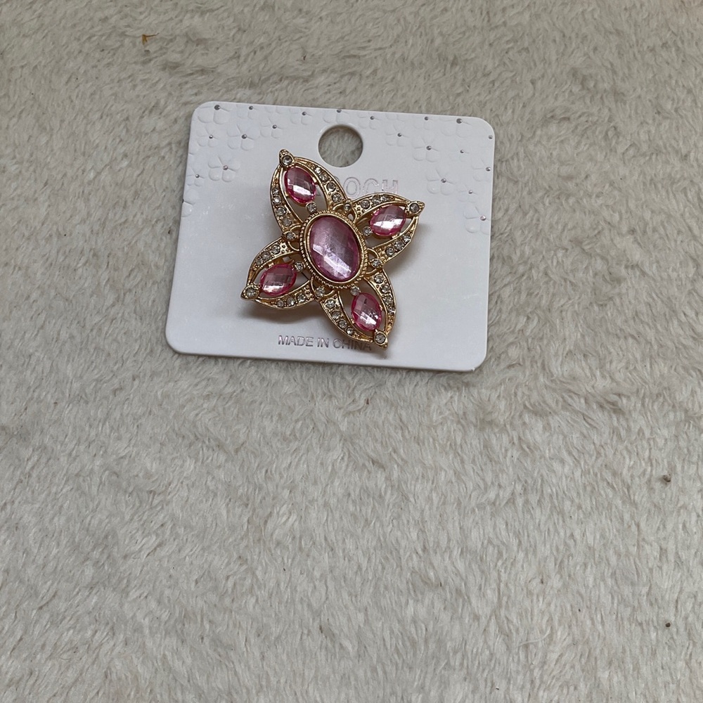 Oh Pink Crystal Floral Brooch with Gold Tone